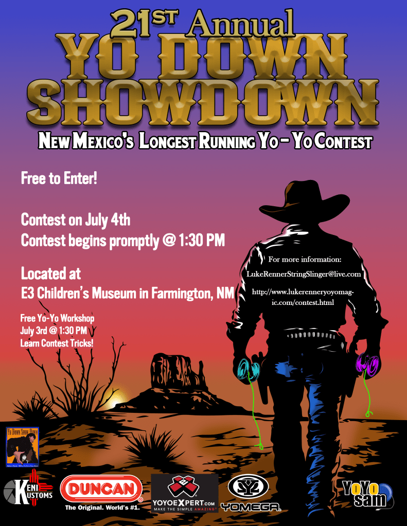 Poster for New Mexico's Longest running yo-yo contest featuring a cowboy in monument valley with two yo-yos in holsters heading toward the sunset